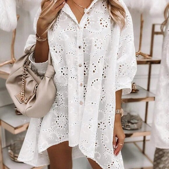 White Boho Women's Button-Front Long Sleeve Casual Blouse - Picture 5 of 5